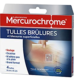MERCUROCHROME - Tul quemaduras y heridas superficiales - Alivia y cicatriza - Gran formato, 8 cm x 8 cm - 4 tules