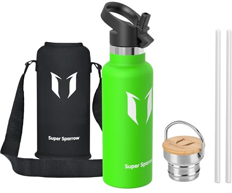 Sparrow Edelstahl Trinkflasche- 0.5L/0.75L/1L- Thermosflasche mit Strohhalm | Wasserflasche Auslaufsicher, Thermoskanne BPA-Frei & Kalt & Heiß - TwistTrail mit Trinkhalmdeckel, Ringdeckel &Sleeve