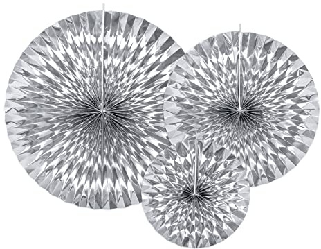 Papier Rosetten Deko 23-40cm 3er Set Dekofächer Papierfächer Blumen hängend Geburtstag Party Silber