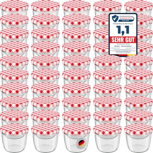 WELLGRO® Einmachgläser mit Schraubdeckel - 230 ml, 8,5 x 6,5 cm (ØxH), Glas/Metall, rot karierte Deckel To 82, Gläser Made in Germany, verschiedene Mengen wählbar (Rot, 500 Stück)