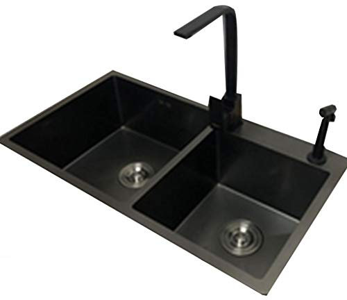 1 Becken Küchenspülen Edelstahl-Wannen-Küche Schwarz Sink Haushalt Doppelwaschbecken Reinigung Pool Teleskophochdruck-Spritzpistole (Color : Black, Size : 78 * 43cm)