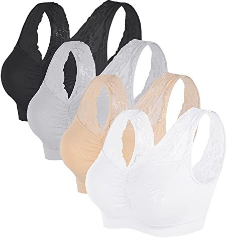 Vertvie Sportbehå utan bygel, push-up, stretchig, andas, för löpning, jogging, yoga, 1/2/3/4-pack, Svart + vit + grå + hud, XL
