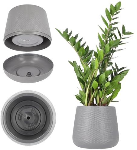 KADAX Blomkruka av plast, Ø 13–23 cm, 4 färger, oval kruka med underfat i set, planteringskruka, blomkruka, planteringskruka, ytterkruka (Ø 23 cm, grå)