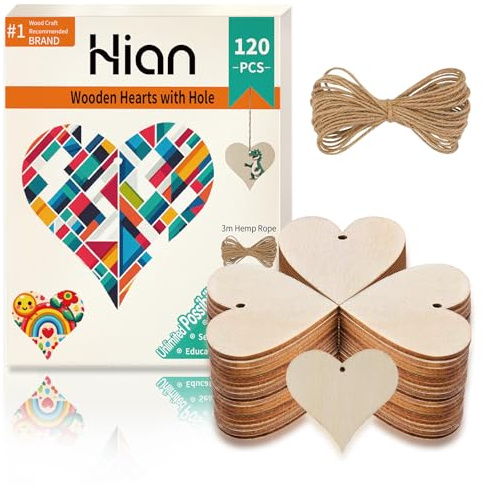 Holzherzen mit Loch, 120 Stück 40mm Rustikale Unbehandelte Holz-Bastelset mit 3m Hanfseil, Ideal für DIY-Kunst, Holzscheiben, Weihnachtsschmuck & Handwerksprojekte