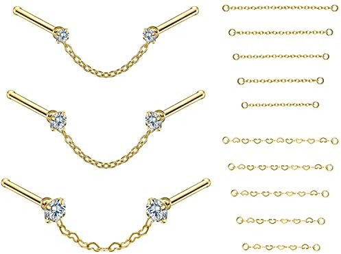 Anello da naso 20 G, 2 mm, 2,5 mm, 3 mm, zirconia cubica, con catena in acciaio chirurgico, piercing al naso per donne e uomini, Acciaio inossidabile, non noto