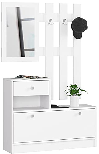 AKORD | Guardaroba Completo 2 Pezzi | Scarpiera con Piano e Cassetto 90 x 70 x 25 cm | e Appendiabiti a Muro con Specchio 90 x 100 cm | Set Completo Ingresso | Peso 39 kg | Bianco