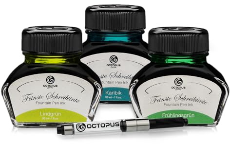 Octopus Skrivbläck Lindgrün, Karibik, Frühlingsgrün, 3x30ml bläck för reservoarpennor i bläckburk med konverterare för påfyllning, skrivarbläck för fyllpenna och spets