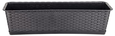 BigDean Blumenkasten mit Untersetzer 60 cm lang Rattan-Optik anthrazit - aus PP-Kunststoff - Balkon Pflanzkasten schmal Balkonkasten