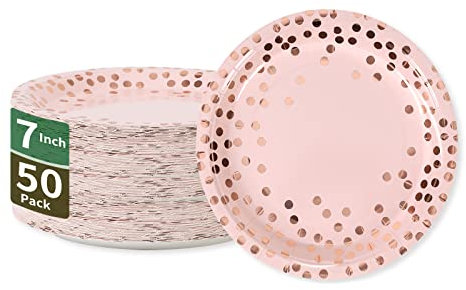 CENLBJ Pink & Rose Gold Dots Party Paper Plates, 50 PCS Disposable Party Supplies Dessert Paper Plates for Birthday Wedding Bridal Shower Supplies (7 inches)