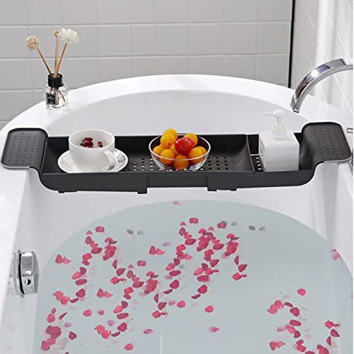 Expandable Drain Bath Shelf Caddy Tray, Multifunctional Plastic Bathtub Tray Bathroom Organizer Simple Stylish Bathtub Storage Rack for Candle Towel, Book, Wine, Phone, Shower (Grey)