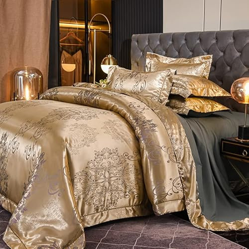 DXHOME Ropa de cama de satén, 200 x 220 cm, color dorado y seda, satén brillante, elegante, jacquard, ropa de cama de verano, microfibra, estilo barroco, funda nórdica con cremallera y 2 fundas de