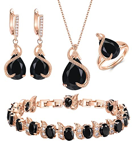 EVER FAITH 4 Stück Tropfen Cubic Zirconia Schmuck Set Glamour Anhänger Halskette Ohrringe Tennis Armband und Offener Ring für Damen Hochzeit Party