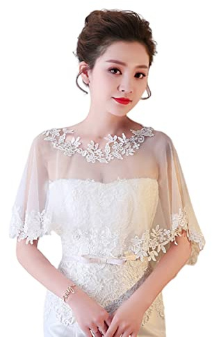 SamHeng Capa de Boda de Encaje para Novia, Mujer Flor Bordada Bolero Envoltura de Chal Cubierta de Hombro Tul Capelets para Fiesta de Noche Disfraz Accesorios de Fotos (Blanco)