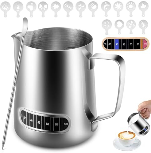 Anpro Milk Frothing Pitcher,350 ml/12 oz 304 Stainless Steel Milk Pitcher with Thermometer,Latte Decorating Art Pen and 16 Pcs Coffee Stencils,Metal Barista Accessories for Coffee,Latte & Cappuccino