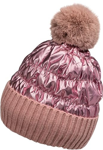 Caspar MU217 Damen warm gefütterte Winter Materialmix Metallic Glanz Bommelmütze, Farbe:rosa, Accessoires:One Size