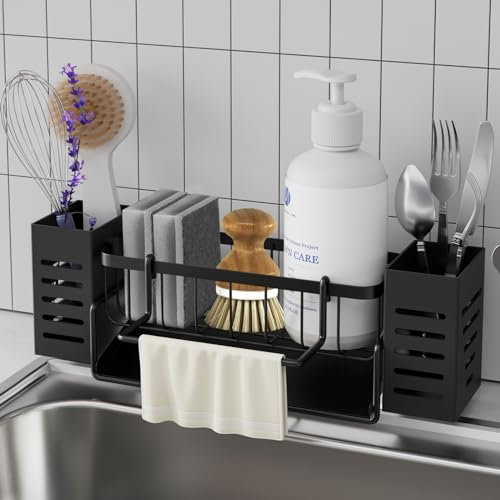 Bellovero Organizador Fregadero,Soporte Estropajo Fregadero, Accesorios Cocina con Bandeja de Desagüe Autodrenante,con Toallero y Caja de Almacenamiento para Cepillos,Organizador y Baño