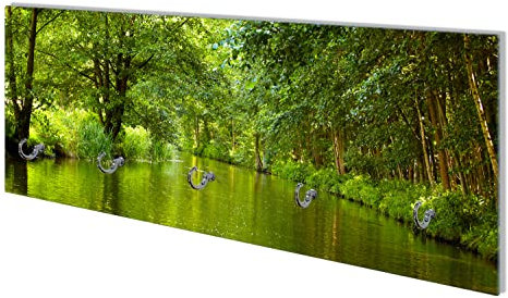 Wallario Wandgarderobe aus Glas in Größe 80 x 30 cm mit Memoboard-Funktion, Motiv: Spreewald in Brandenburg grüne Wälder und Spiegelungen im Wasser | 5 Kleiderhaken zum Aufhängen von Jacken
