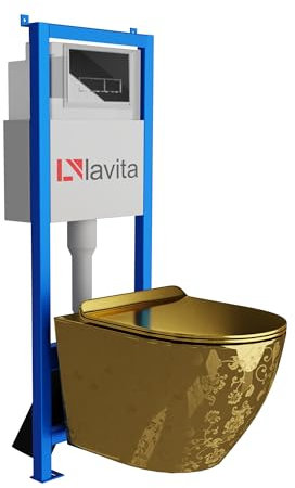Lavita LAV 101 Vorwandelement für WC 40cm + Wand Hänge Tiefspül WC SOFI SLIM GOLDEN EYE Spülrandlos + Bedienplatte LAV 200.3.2 Verchromt | Komplettset | Unterputz Spülkasten | Toilette Komplett Sett