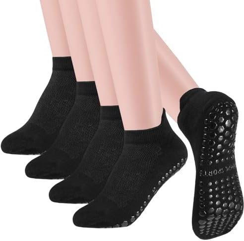 Yamitora 4 Paar Yoga Socken Damen Anti Rutsch Stoppersocken,36-39 Sportsocken,Rutschfeste Pilates Socken,Anti Rutsch Socken für Frauen Männe Zuhause Krankenhaus Reha Dance Workout(Schwarz)