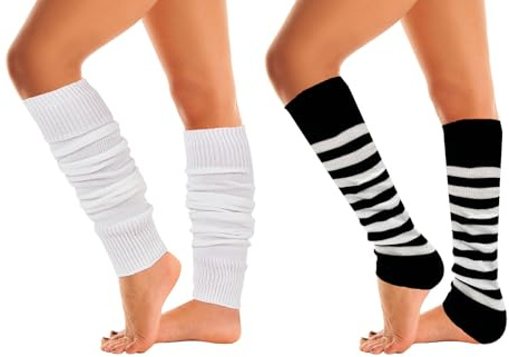 Mysocks Calentadores de piernas suaves y elegantes de invierno de los años 80, para fiestas, bailes, largos, a rayas, para mujeres, niñas y mujeres, Blanco Negro, talla única