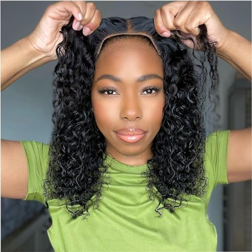 Ailwelia Curly Bob Wig Human Hair Deep Wave Glueless Wigs Human Hair Pre Plucked Pre Cut 5x5 Wear And Go Glueless HD Lace Closure Wigs Human Hair For Black Women 200% Density Black Color 14 Inch