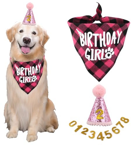 Hunde Geburtstag Hut Bandana Set, 3 Stücke Hunde Geburtstags Bandana Mütze mit 8 Bling Nummern, Hundegeburtstagsgeschenk, Hund Geburtstag Deko (Rosa)