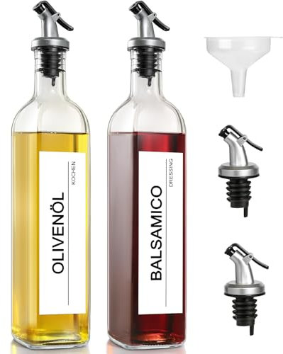 gmisun Ölflasche, 2 Packungen Olivenöl Flasche, 500ml Glas Klar Ölspender, Essig Und Ölflaschen Set Mit 2 Ausgussstopfen, Klarer Ölflasche Mit Ausgießer Für Küche, Kochen, Salate und Grillen Geeignet