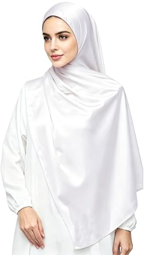 Lina & Lily Lyxig satäng hijab huvudscarf sjal för muslimska kvinnor extra lång, Vitt, one size