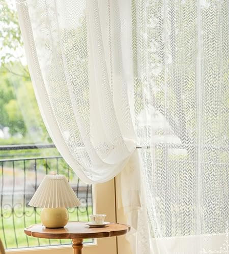 Beydodo Vorhänge Weiß 2er Set mit Haken, Gardinen für Schienensystem mit Wellen Muster Mordern 132x229CM Gardinenschals Halbtransparent für Wohnzimmer Schlafzimmer Küche