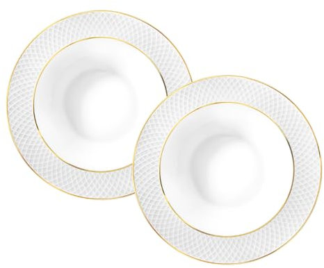 Wilmax – Platos hondos con diseño dorado – 2 unidades – Ø 22,5 cm – Platos hondos de porcelana blanca – 450 ml – Apto para lavavajillas – Platos de desayuno – Platos de pastel