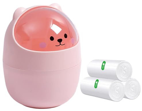 Mini Trash Can, Creative Tiny Countertop Garbage Bin with 5 Rolls of Bin Liners, Cute Desktop Wastebasket with Flip Lid, Cartoon Plastic Storage Bin for Bedroom, Bathroom, Kitchen, Office (Pink)