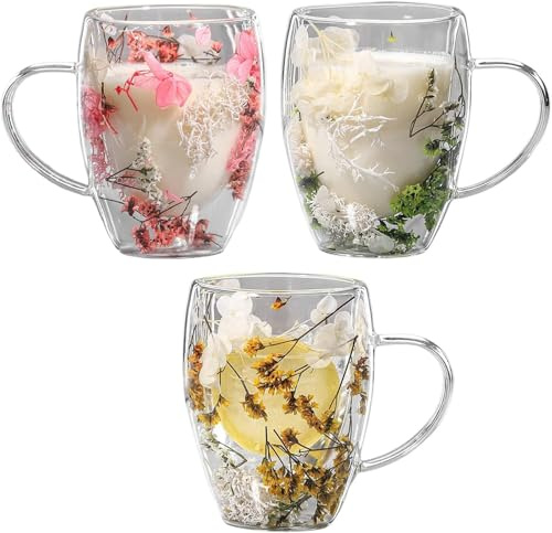 Wuyooprt 3 Stück Doppelwandige Kaffeetassen Mit Getrockneten Blumen | 350ml Doppelwandige Kaffeegläser | Doppelwandige Latte Macchiato Gläser | Kaffeeglas Teegläser für Cappuccino, Tee, Milch, Bier