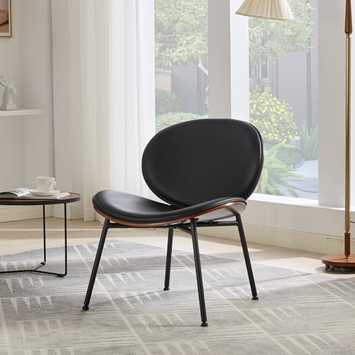 Oosofi Mid-Century Modern Shell Chair Single Side Chair Tripod Black Leather Lounge Chair in Walnut Finish Comfortable Backrest,Black Color