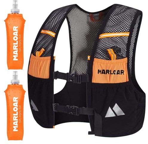 MARLOAR Gilet hydratation - Sac hydratation Running, 2 flasques Souples 500ml incluses, léger et Respirant, Trail et Course à Pied (Noir ET Orange, L)