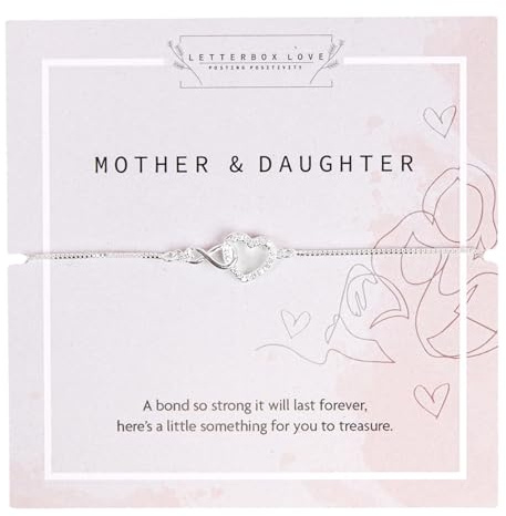 Letterbox Love Mother & Daughter Silver Plated Infinity Bracelet with Cubic Zirconia Heart Charm - Adjustable, Perfect Daughter Gift for Birthdays, or Special Occasions