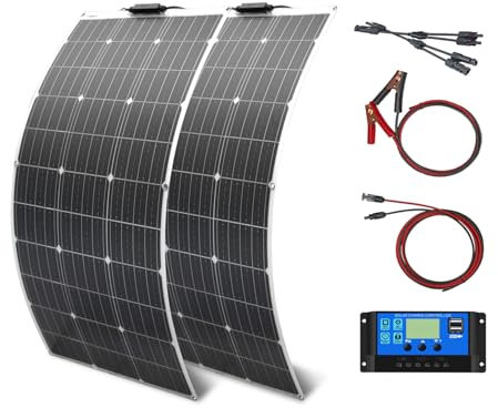 Aysolar 200W 12V Placa Solar Flexible Kit 2x100W Flexible Fotovoltio Módulo 20A Controlador Solar para Autocaravana, Barco, Automóvil, Caravana, Carga de batería de 12V/24V