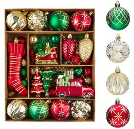 Weihnachtskugeln Christbaumkugeln Christbaumschmuck, 72 Set Rot Grün Gold Kunststoff Bruchsicher Aufhängen Weihnahctsdeko Weihnachtsbaumschmuck Christmas Tree Decorations