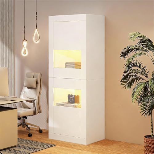 Merax Vitrinenschrank Glasvitrine Vitrine Schrank mit LED-Beleuchtung, Hochschrank Weiß mit 2 verstellbaren Glasböden, Sammlervitrine Bücherregal für Wohnzimmer, Schlafzimmer, Büro, 161cm