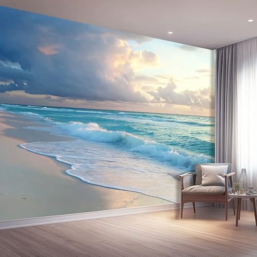 Papier Peint Panoramique Mural pour Salon 200 x 140 cm, Nature Paysage Mer Nuages Intissé Papier Peint Panoramique Pour Chambre Restaurant Chambre D'Enfant Bureau Décoration Murale, Bleu Beige