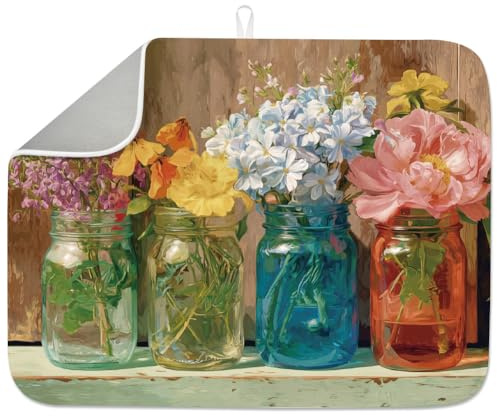 INFUNLY Vintage Flower Vases Dish Drying Mat for Kitchen Counter 18X24 Floral Absorbent Dish Draining Mat Art Flowers Large Heat Resistant Coffee Mats for Table Faucet Sink Coffee Bar Refrigerator
