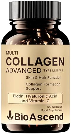 BioAscend Multi Collagen Advanced with Biotin, Hyaluronic Acid & Vitamin C – Types I, II, III, V & X – 120 Capsules – Hydrolysed Bovine, Fish, Chicken & Eggshell Collagen – 2 Months Supply