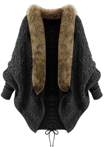 Generisch Damen Modischer Winterpullover mit Fledermausärmeln Bindegürtel, Übergröße Strickjacke mit Fellkragen, Weite Lässige Cardigan für Kalte Tage