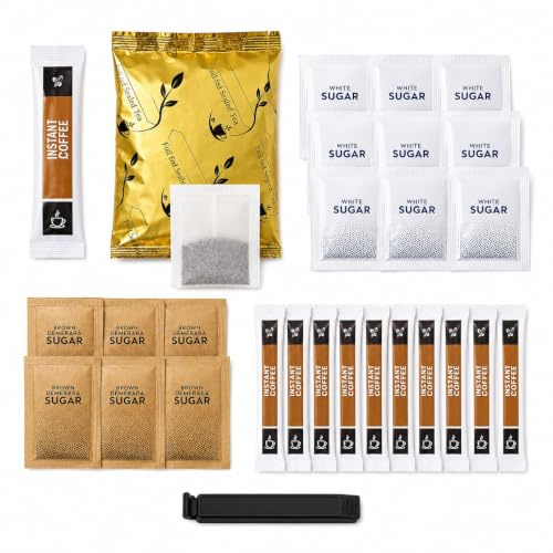Tea Coffee Sugar Sachets 160 Pack Office Refreshment Box with Divider | Neat Divider Box • Foil-Sealed Tea Pack • Individually Wrapped Coffee & Sugar