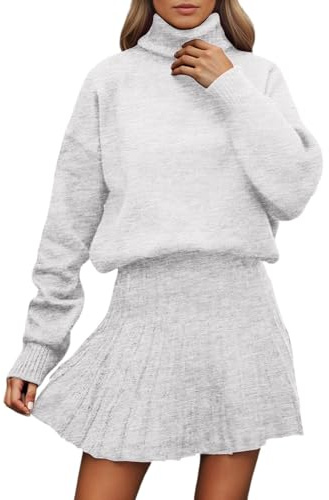 Générique Pull Femme Robe En Tricot Ensemble 2 Pièces Haut Et Mini Jupe Tricoté Pullover Automne Hiver Élégante Tunique Chic Dress Pulls Décontracté à Manches Longues Col Montant Et Couleur Unie