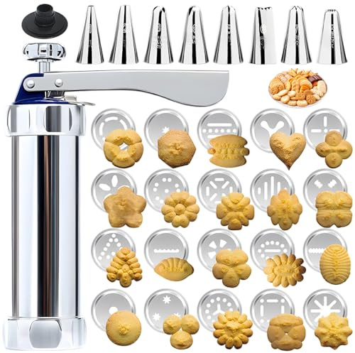 Wapasezyar Gebäckpresse für Spritzgebäck Edelstahl, Gebäckspritze mit 20 Schablonen und 8 Tüllen, Teigspritze Kekspresse Profi Maschine für Kuchen Kekse Churros
