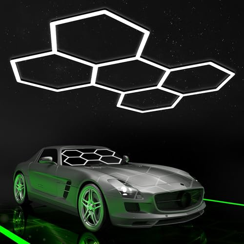 Oyajia Hexagon Led Lights,Workshop Honeycomb Working Garage Lamp,6500K Cool White Semi Garage Lighting,Hexagon Lights,Led Garage Lighting,Garage Light,Workstation and Workshop Lighting 5 HEX