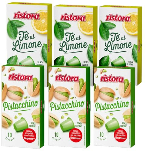 Set 60 Capsule Ristora – 30 Pistacchio + 30 Tè al Limone – Compatibili con Macchine ad uso domestico Nespresso* – Bevande Solubili – 100% Made in Italy – Prodotto Originale