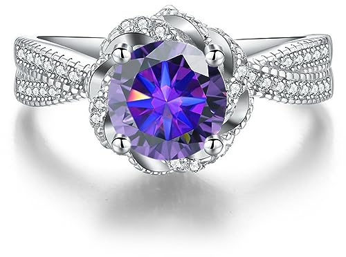 Moissanite bröllopsringar for kvinnor 1ct rund skuren D-färg VVS1 Blå/lila/rosa diamantring förlovningsringar med certifikat(Purple,8)
