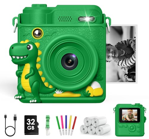 Gofunly Kids Camera Instant Print Funny Toys for Girls & Boys Ages 3-8 | 1080P Digital Camera Dinosaur Gifts, Memory Card, 3 Rolls Print Paper, Birthday Christmas Presents for Child Toddler, Green