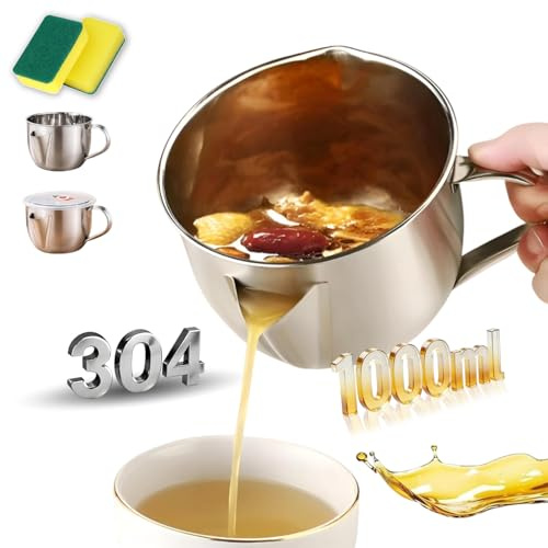 2026 New Fat Separator with Dual Spout Design - 304 Stainless Steel, Gravy Separator & Fat Separators Jug, with Ergonomic Heat-Resistant Handle, Reusable, for Soup, Hot Pot (1000 ml)